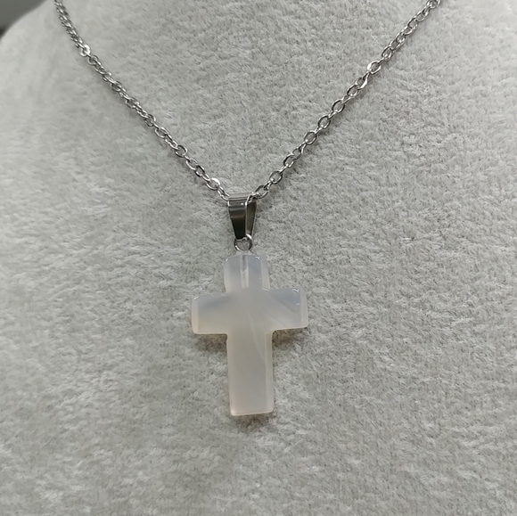 White Agate Cross 23.5" Necklace Natural Gemstone Crystal Pendant StainlessSteel - Picture 7 of 12